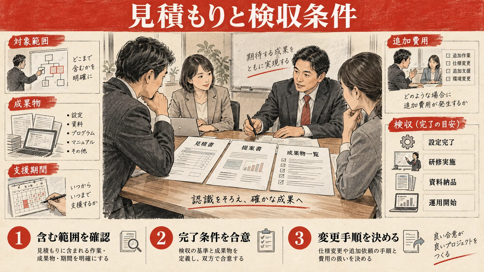 対象範囲・成果物・支援期間・追加費用と検収条件の確認