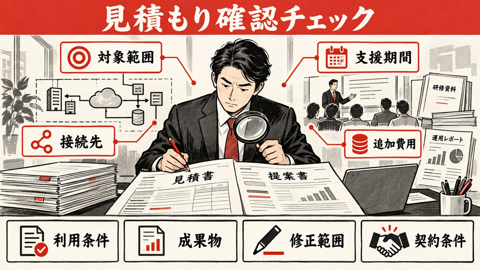 対象範囲・接続先・支援期間・追加費用を確認する見積もりチェック