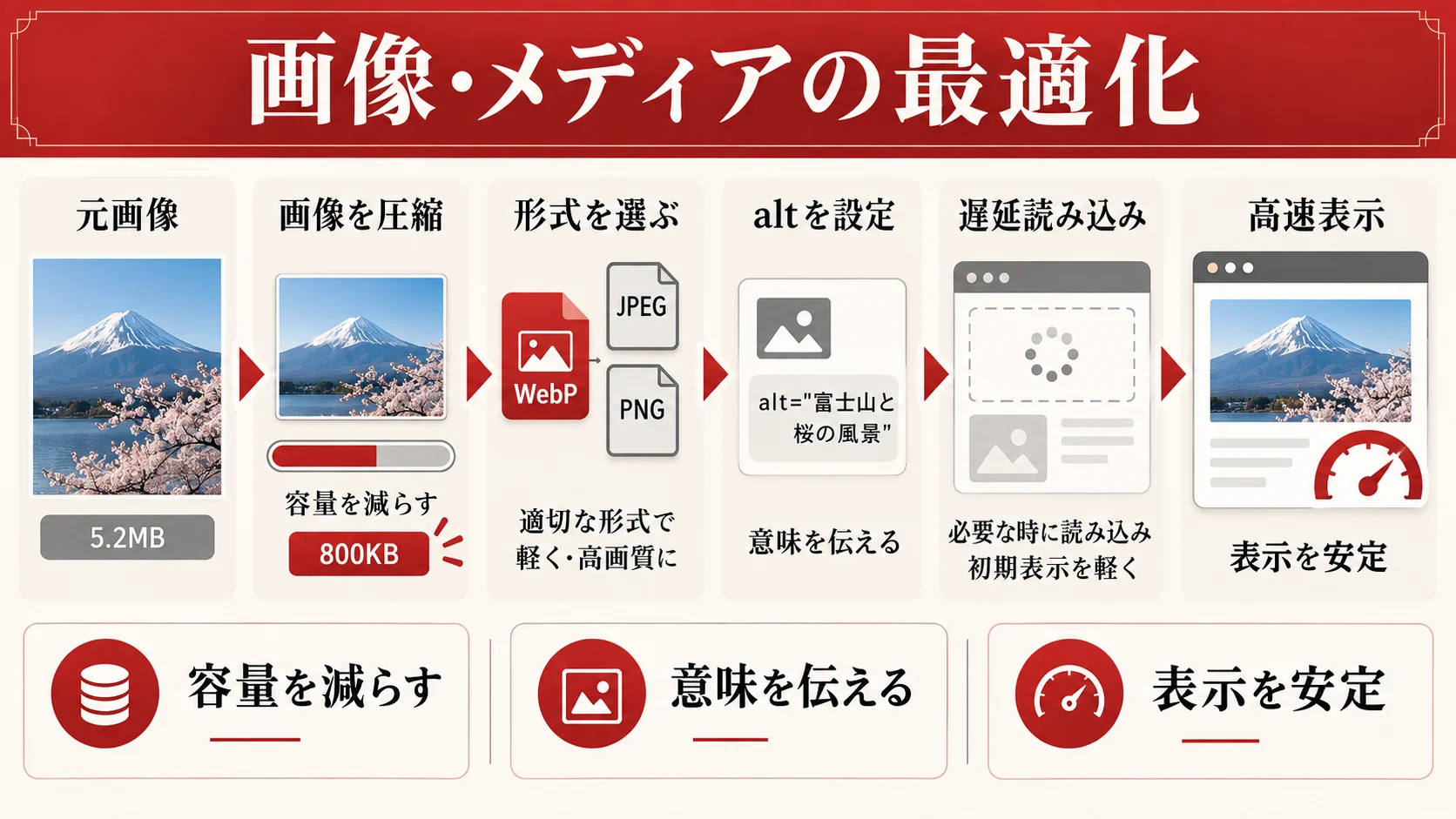 E. 画像・メディアの最適化（速度と検索流入を両立）