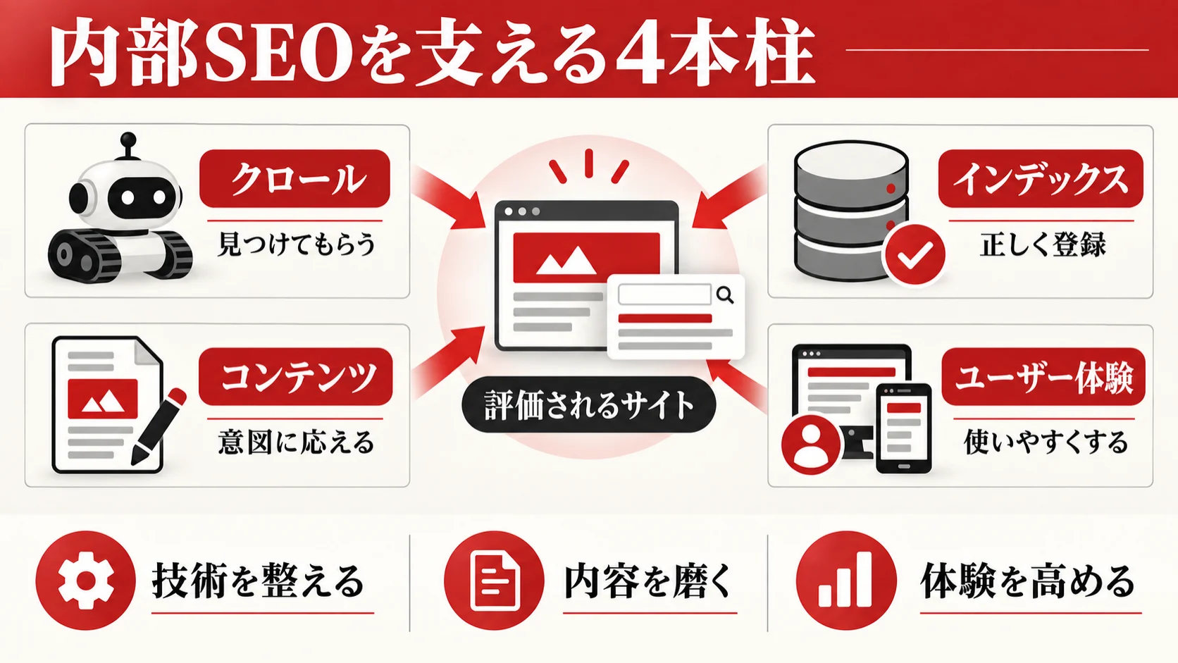 SEOの全体像：内部SEO・外部SEO・コンテンツSEOの3本柱