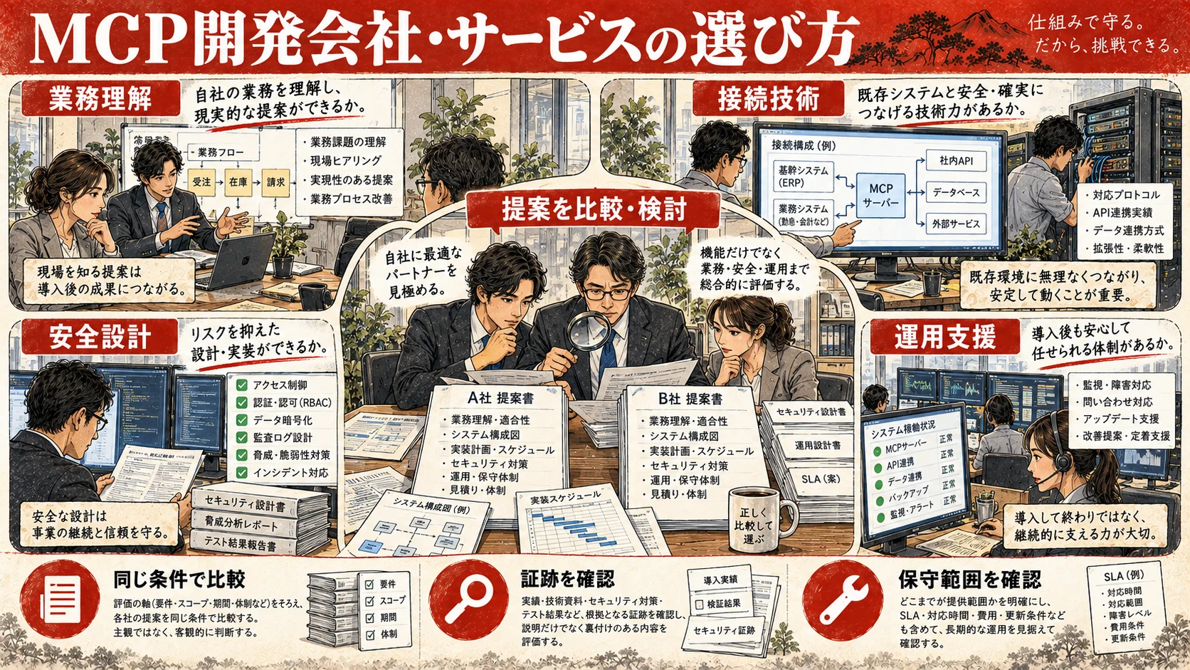 業務理解・接続技術・安全設計・運用支援で依頼先を比較