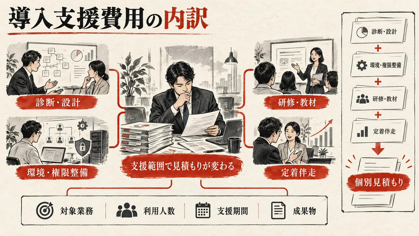 診断・設定・研修・定着支援に分ける導入支援費用