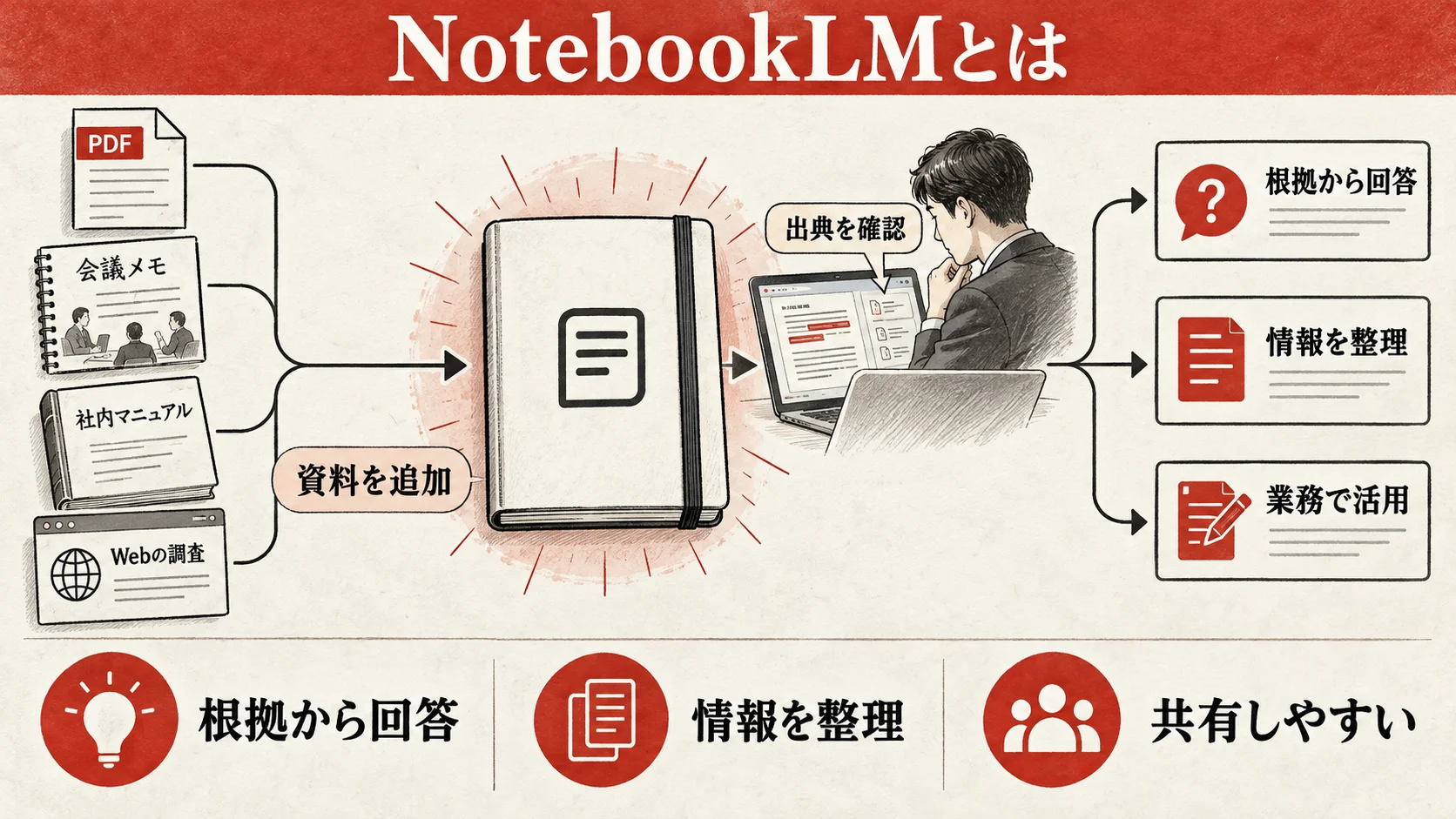 NotebookLMへ資料を追加し根拠を確認して業務活用する流れ