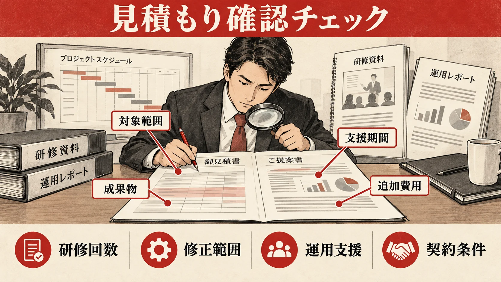 対象範囲・成果物・支援期間・追加費用を確認する見積もりチェック