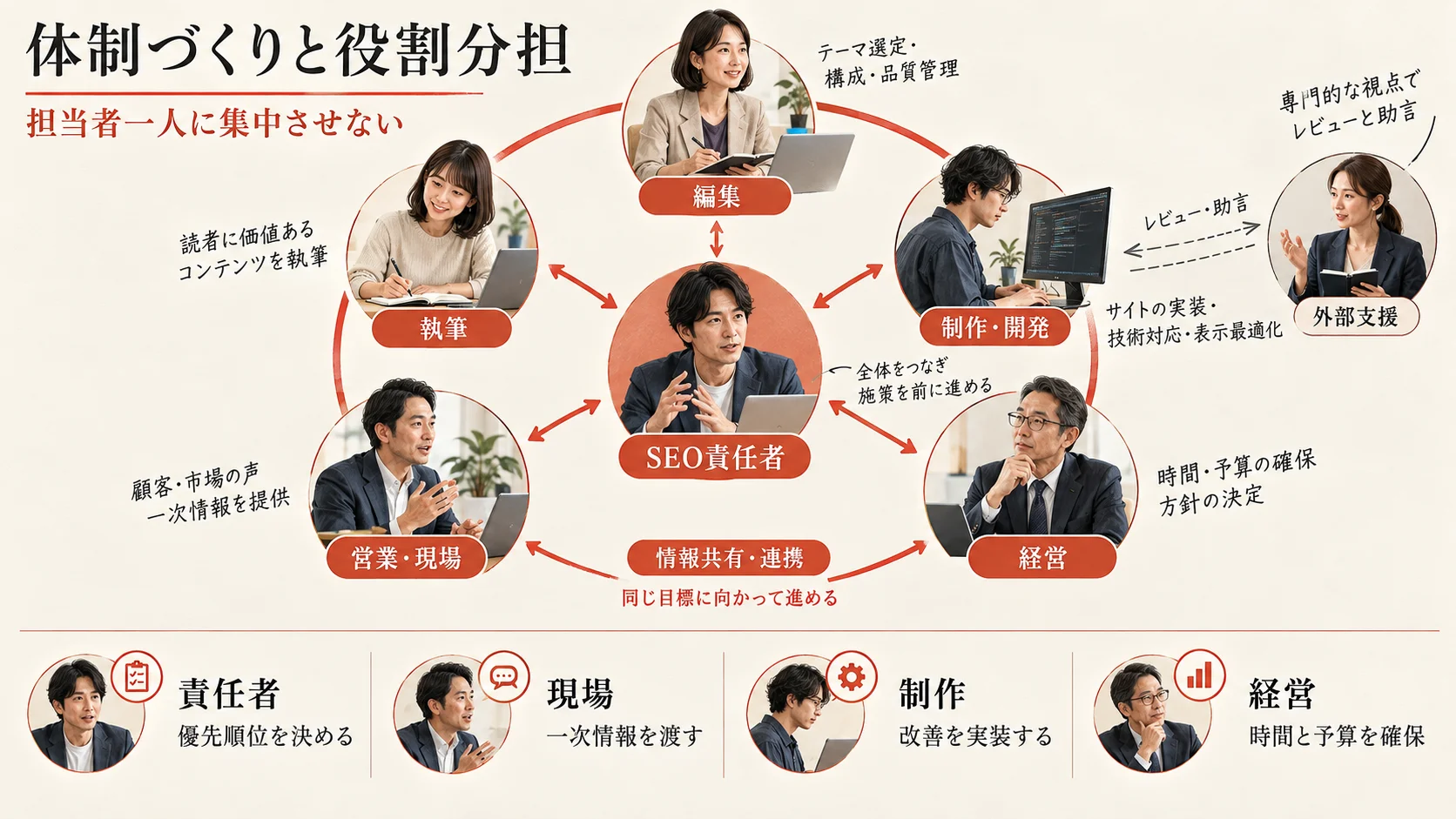 SEO責任者・編集・分析・開発が連携する社内体制
