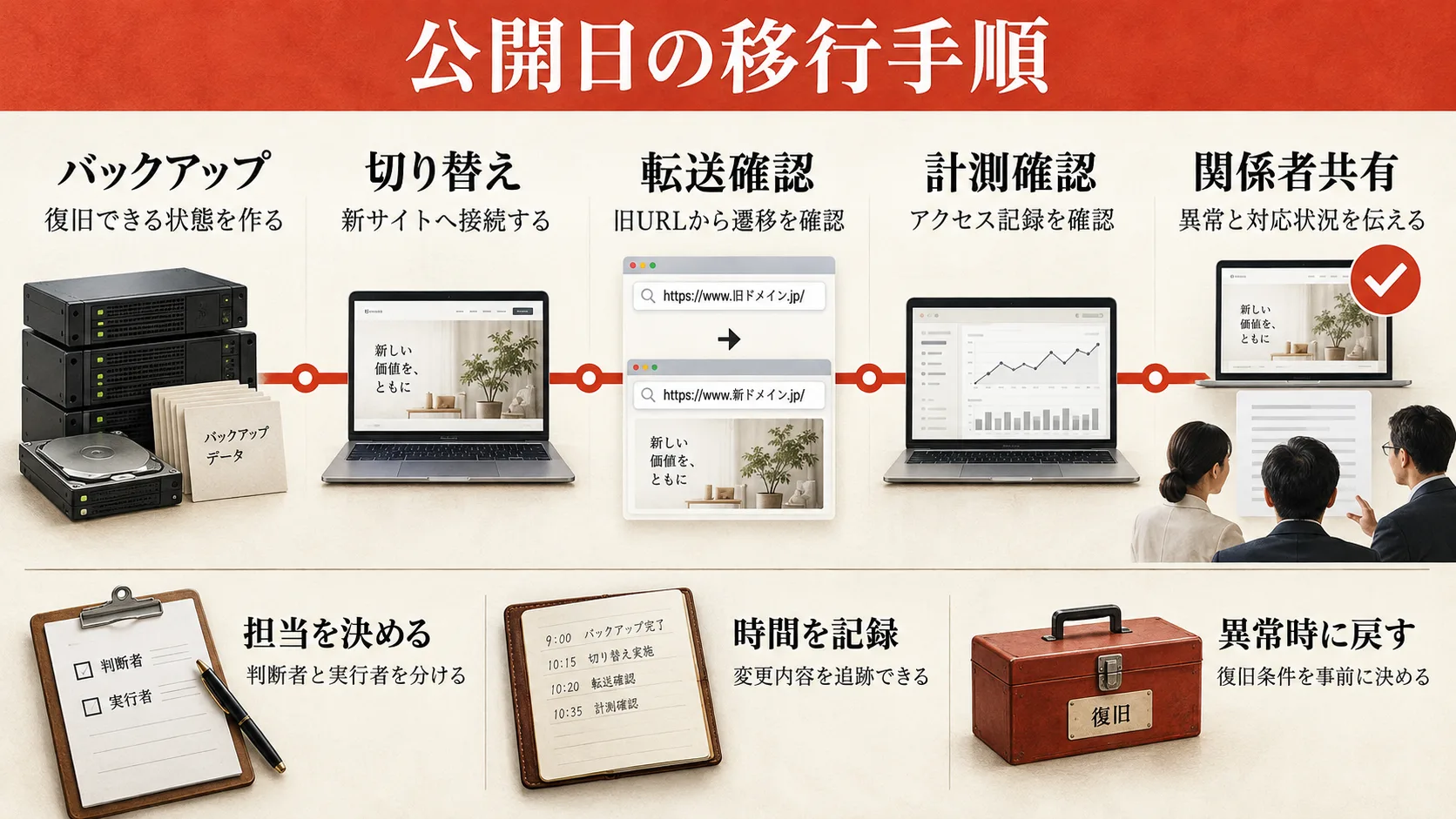 公開日に行うバックアップ・切り替え・転送確認の手順